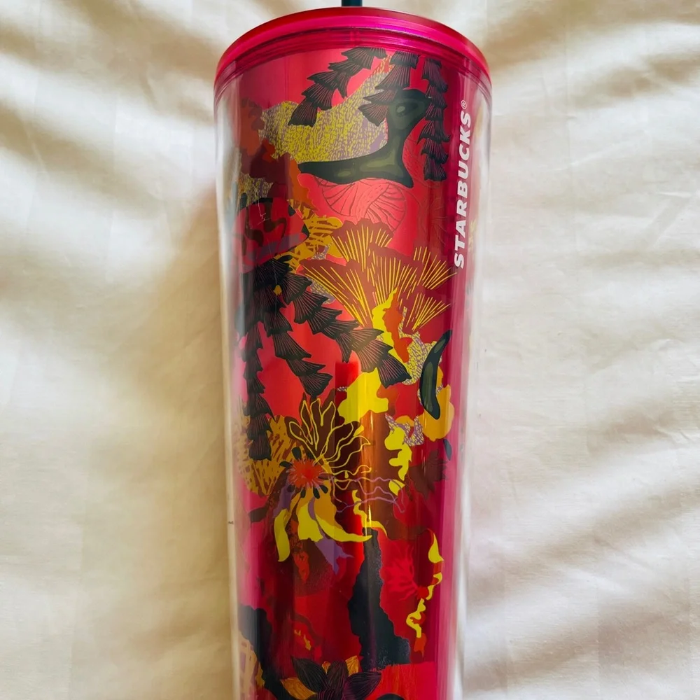 Starbucks Fuschia Floral New w Tag Straw  Retails $19.95 Pink Tropical